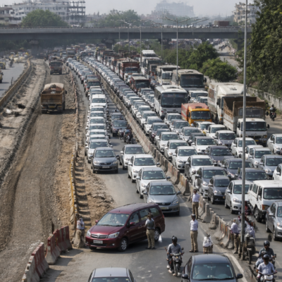 Vehicles stuck in heavy traffic on the Mumbai-Ahmedabad Highway near the Versova Bridge in Vasai-Virar