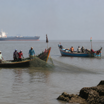Fishing boats and nets near the Arnala coast in Vasai-Virar, where fishermen reported damage caused by a passing cargo ship