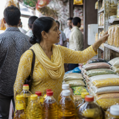 A shopper compares prices of essential food commodities at a retail market in Vasai-Virar amid rising household costs