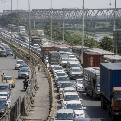 Vehicles queued during a traffic jam on the Mumbai-Ahmedabad Highway near Vasai