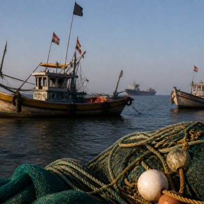 Fishing boats and nets off the Arnala coast near Vasai-Virar