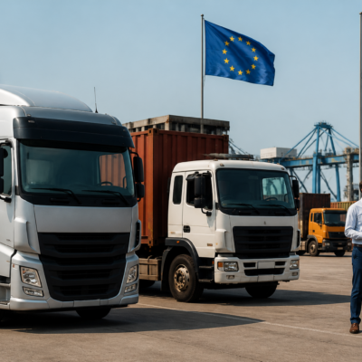 Commercial trucks representing the Tata Motors Iveco deal at an industrial logistics facility