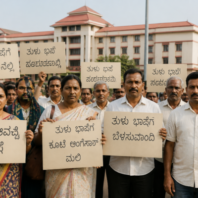 Tulu language supporters at a public gathering in coastal Karnataka demanding official language status