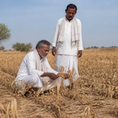 Karnataka farmers inspecting drought-affected agricultural fields after crop damage caused by a rainfall deficit