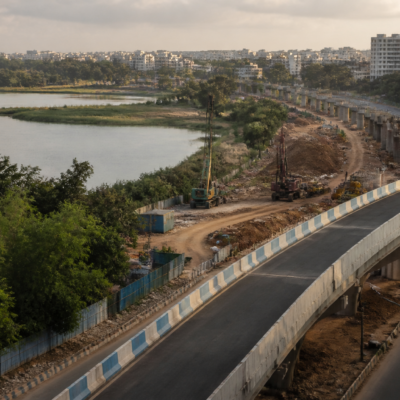 Bengaluru tunnel road project site near the city's lake and urban infrastructure corridor