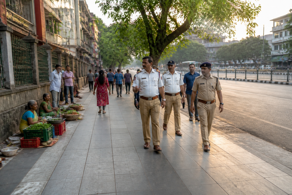 Cleared Bengaluru footpath beside a busy urban road, illustrating the city’s action against footpath encroachment