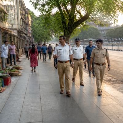Cleared Bengaluru footpath beside a busy urban road, illustrating the city’s action against footpath encroachment