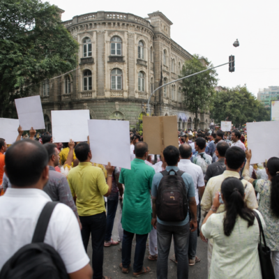 Pune citizens gathering for a noise pollution rally near Balgandharva Chowk in support of activist Vidyanand Bapat