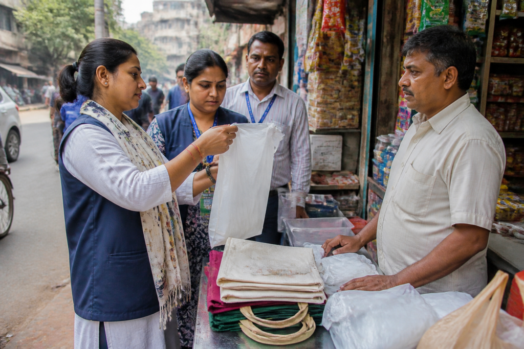 Mumbai shopfronts and civic workers inspecting plastic bags under the city’s plastic ban enforcement drive