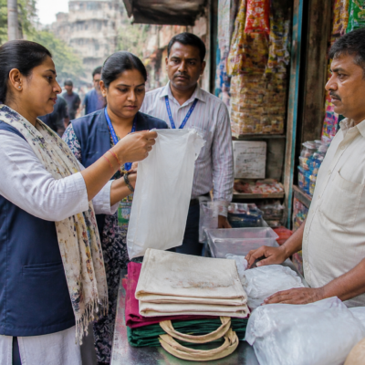 Mumbai shopfronts and civic workers inspecting plastic bags under the city’s plastic ban enforcement drive