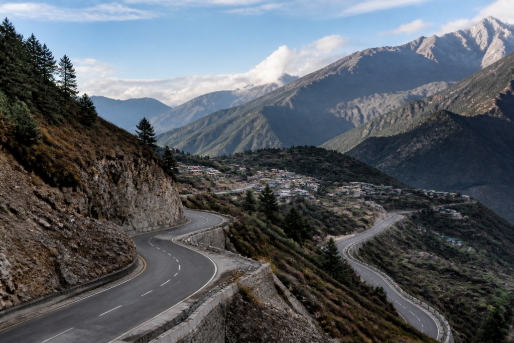 Road infrastructure winding through mountainous terrain in Arunachal Pradesh near India's China border
