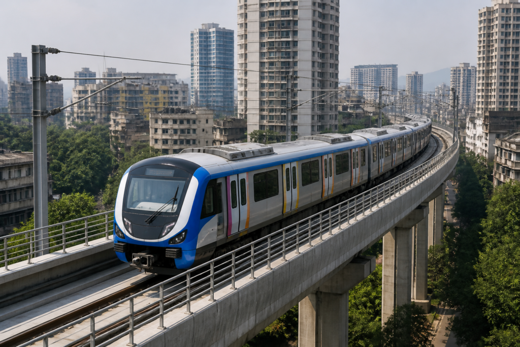 Six-coach Thane Metro Line 4 train during a trial run between Gaimukh and Kapurbawdi