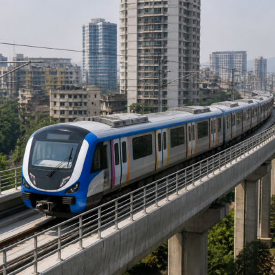 Six-coach Thane Metro Line 4 train during a trial run between Gaimukh and Kapurbawdi