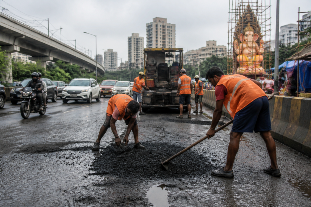 Workers repairing a damaged road on a Ganesh festival procession route in Navi Mumbai
