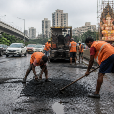 Workers repairing a damaged road on a Ganesh festival procession route in Navi Mumbai