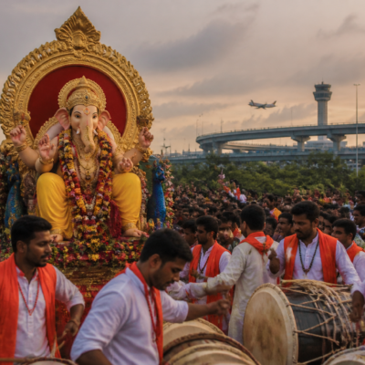 Ganeshotsav procession route in Panvel near Navi Mumbai International Airport, where police have advised against DJs and laser lights