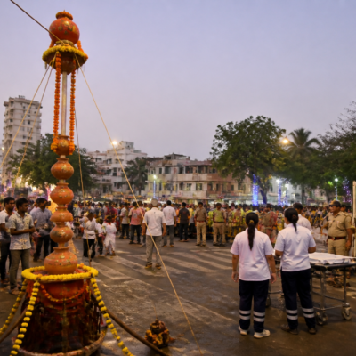 Dahihandi celebration preparations at a decorated public venue in Vasai-Virar