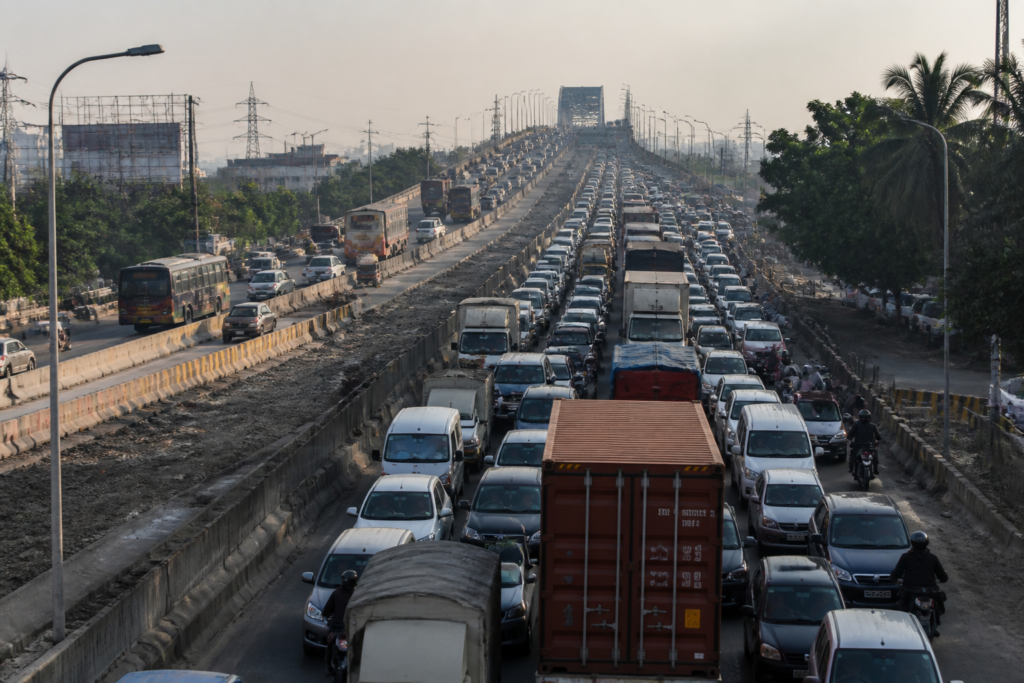 Long line of vehicles during a Mumbai-Ahmedabad Highway traffic jam near the Versova Bridge and Vasai