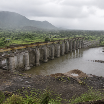 Incomplete Urse barrage construction site on the Surya River in Palghar district