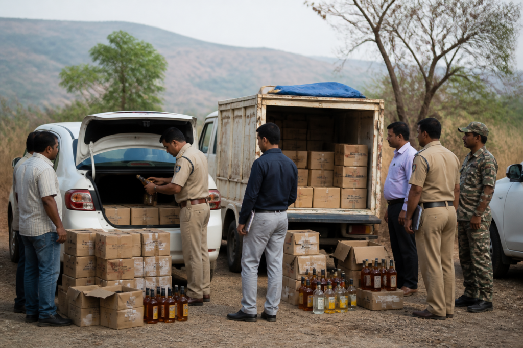 State Excise Department officials inspect vehicles seized in a Palghar illegal liquor seizure operation