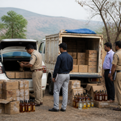 State Excise Department officials inspect vehicles seized in a Palghar illegal liquor seizure operation