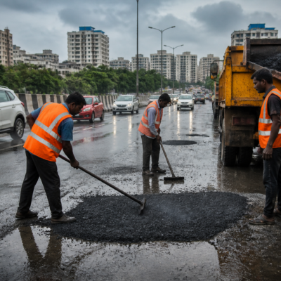 Workers repairing a pothole on a Navi Mumbai road ahead of Ganeshotsav processions