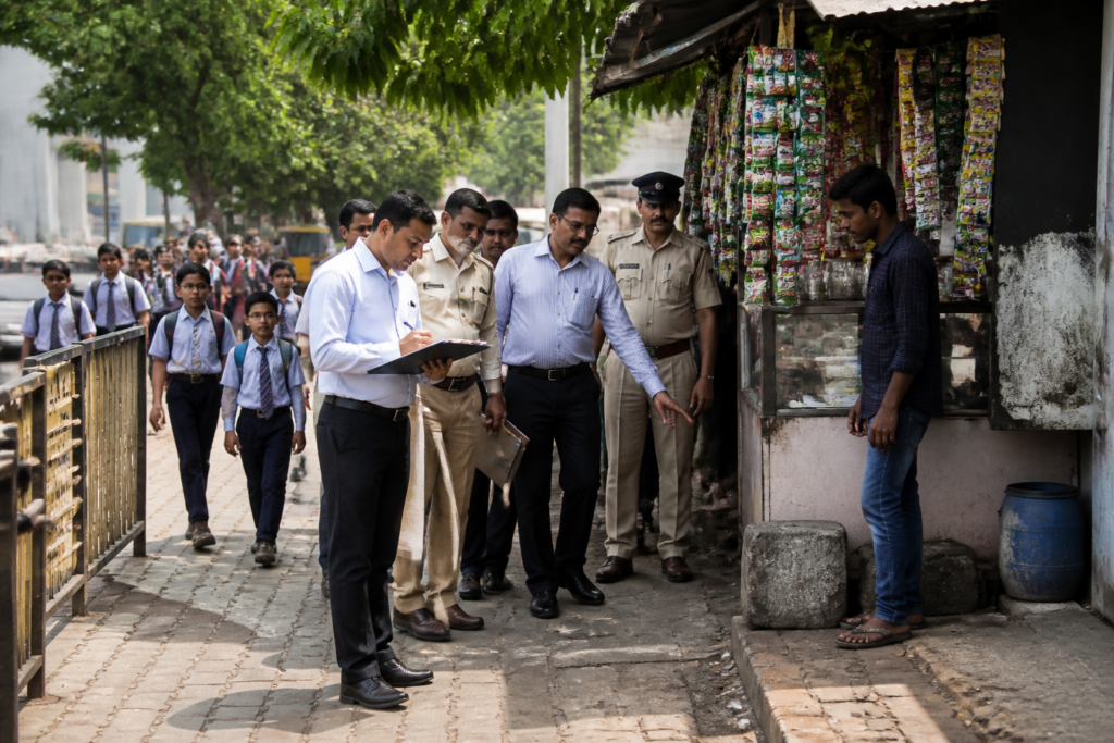 Navi Mumbai municipal enforcement officials inspecting a roadside vending area near an educational institution