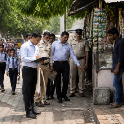 Navi Mumbai municipal enforcement officials inspecting a roadside vending area near an educational institution