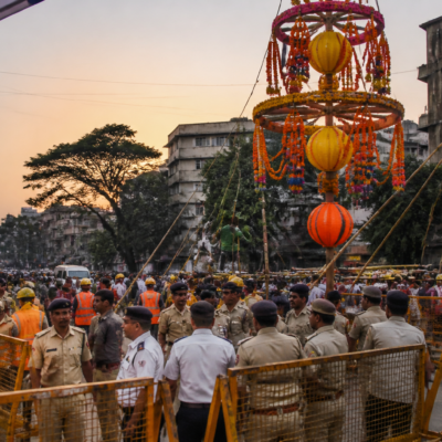 Dahihandi celebration preparations at a busy junction in Vasai-Virar with decorated structures and municipal safety arrangements
