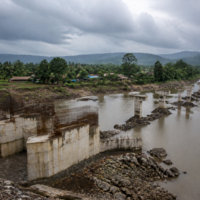 Incomplete Urse barrage construction site on the Surya River in Palghar district