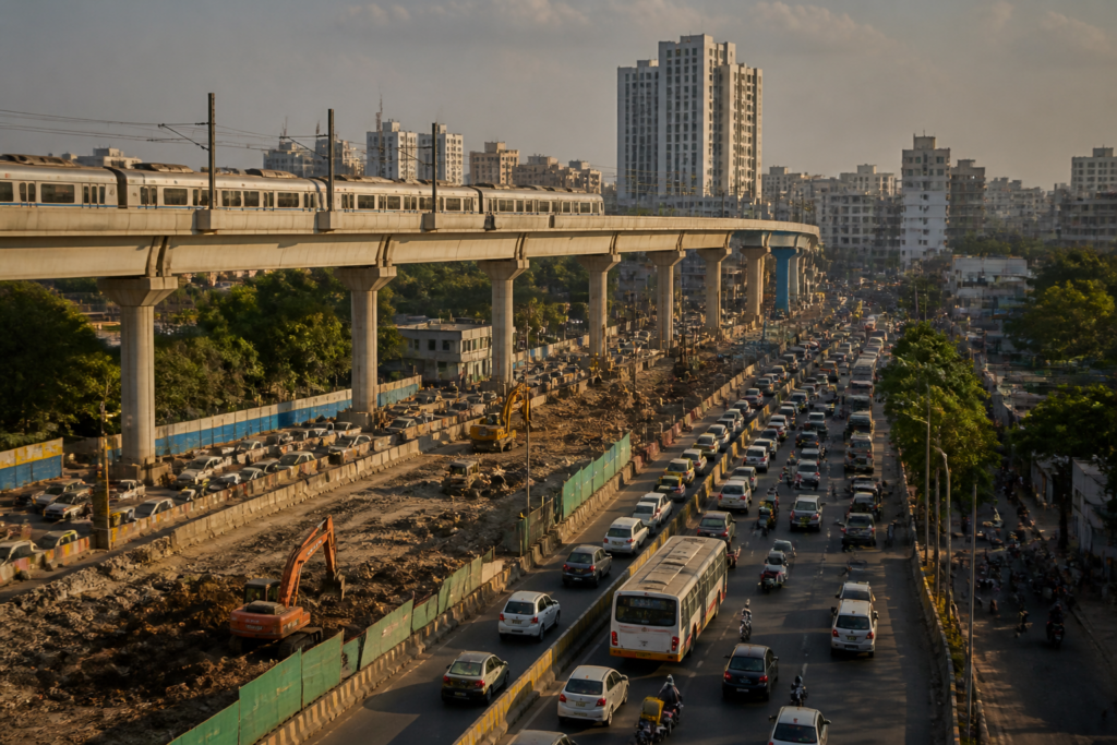 Urban traffic and transport infrastructure in Pune, illustrating the Pune transport plan announced by Maharashtra Chief Minister Devendra Fadnavis
