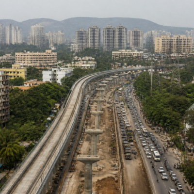 Proposed Thane internal metro route area in a densely built urban neighbourhood, representing rehabilitation and land acquisition concerns