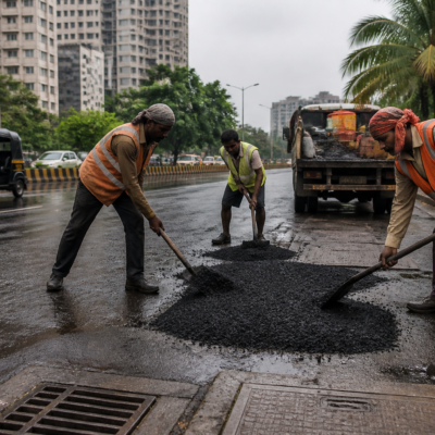 Road repair work on a Ganeshotsav procession route in Navi Mumbai