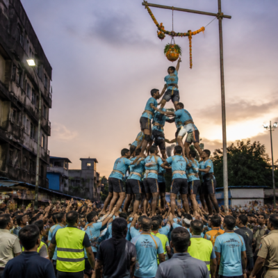 Govinda participants forming a human pyramid during a Dahi Handi celebration in Vasai-Virar