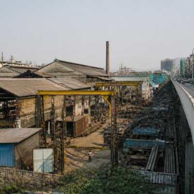 Industrial units in a Mira-Bhayandar industrial estate beside an urban road