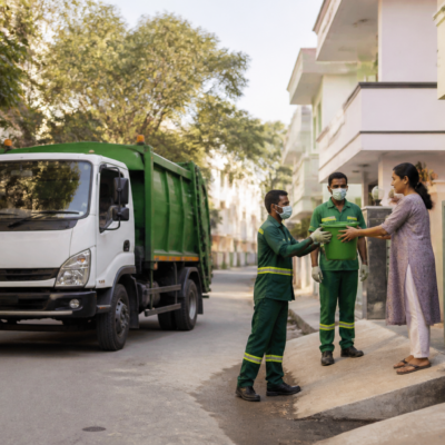 GPS-enabled waste collection vehicle operating on a Bengaluru residential street