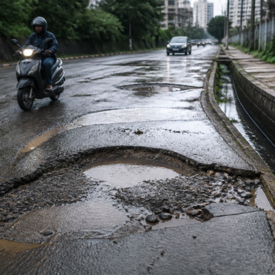 Pothole on a rain-soaked road in Varthur, Bengaluru, illustrating the reported road hazard linked to a woman’s accident