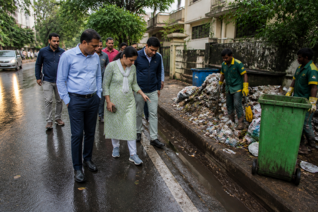 Civic workers and officials inspecting waste management and road conditions in Bengaluru