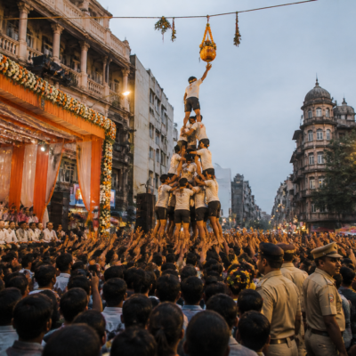 Dahi Handi celebration preparations on a Pune street under police noise restrictions