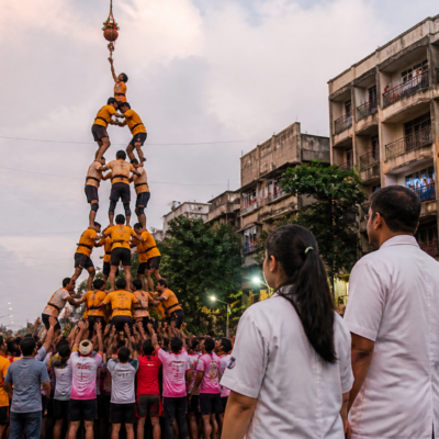 Govindas forming a human pyramid during Dahi Handi celebrations in Vasai-Virar