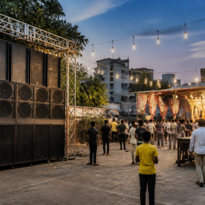 Festival sound system and public gathering in Thane, Maharashtra, illustrating debate over festival noise rules