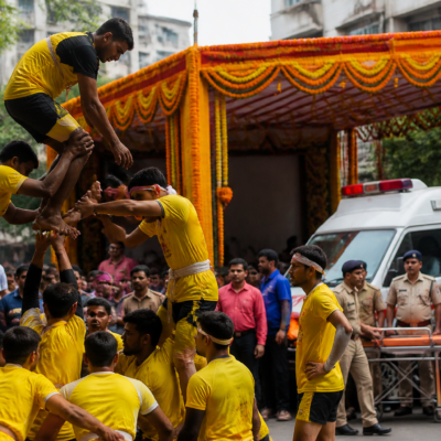 Govinda participants forming a human pyramid during a Dahi Handi event in Thane