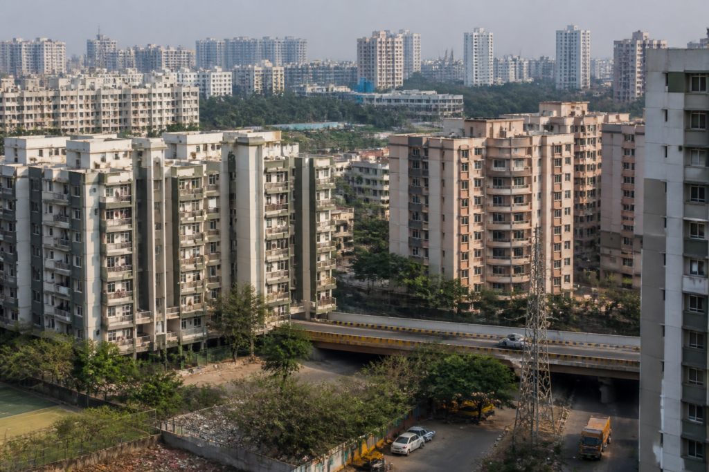 Navi Mumbai cluster redevelopment area in Ghansoli, showing apartment buildings and surrounding urban infrastructure