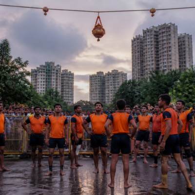 Govinda participants forming a human pyramid at a Dahi Handi event in Airoli, Navi Mumbai
