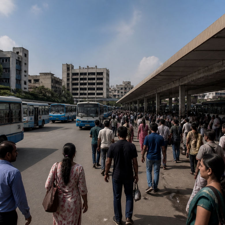 Passengers and BMTC buses at Bengaluru’s Shivajinagar bus stand, where the Lokayukta has sought a review of medical facilities
