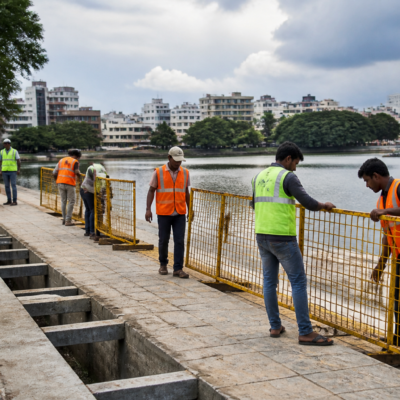 Halasuru Lake in Bengaluru prepared with barricades and civic infrastructure for Ganesh idol immersion