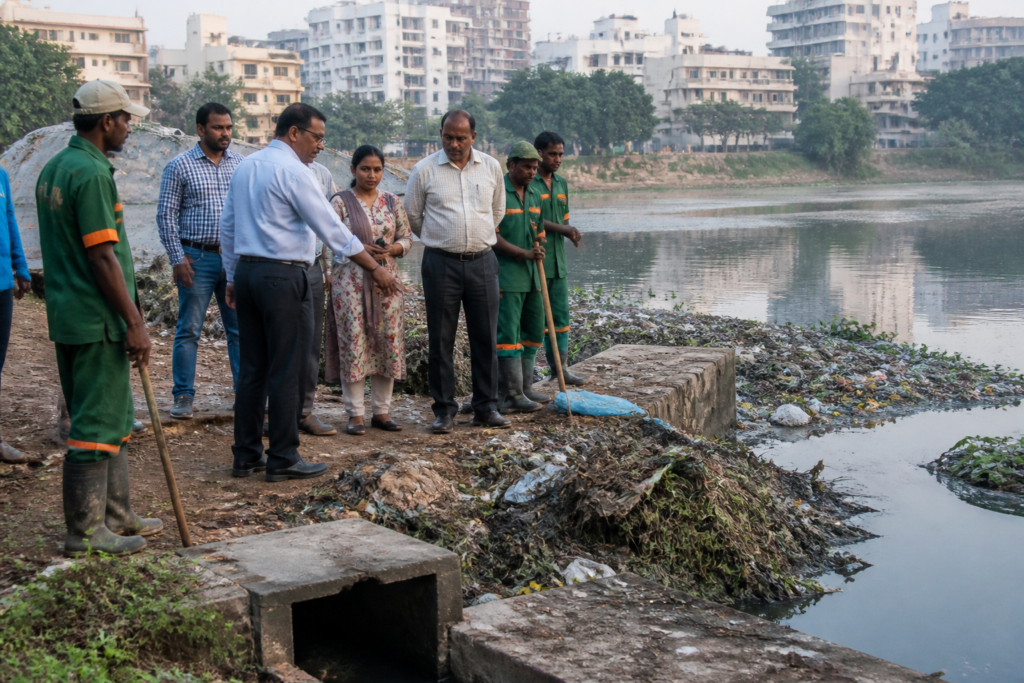 Civic workers clearing waste near Agara Lake in Bengaluru during an inspection of waste collection and lake maintenance