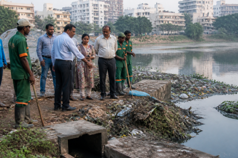 Civic workers clearing waste near Agara Lake in Bengaluru during an inspection of waste collection and lake maintenance