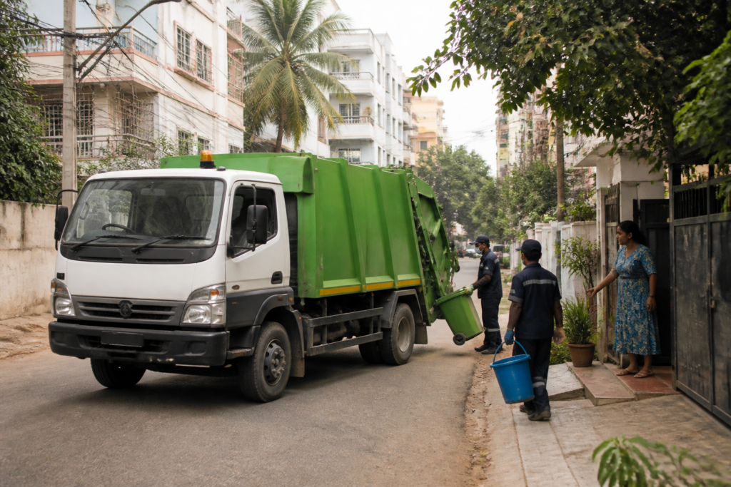 Waste collection vehicle operating on a Bengaluru residential street as part of the city’s proposed GPS-enabled doorstep collection system