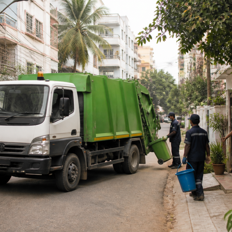 Waste collection vehicle operating on a Bengaluru residential street as part of the city’s proposed GPS-enabled doorstep collection system